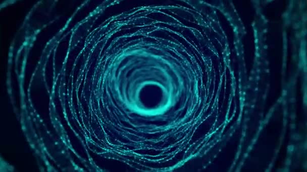 蓝色背景下的动态线框隧道 深浪虫洞 未来主义粒子流 3D渲染 — 图库视频影像