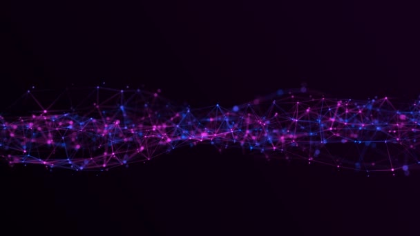 Fluxo geométrico abstrato com pontos de conexão e linhas. Conceito de onda dinâmica digital roxo abstrato. Conceito de rede. Grande complexo de dados com compostos. Renderização 3D. — Vídeo de Stock