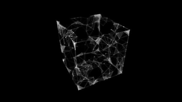 Flusso dinamico di particelle connesse in un cubo chiuso. Tecnologia blockchain concetto. Struttura delle connessioni di rete. Rendering 3D. — Video Stock