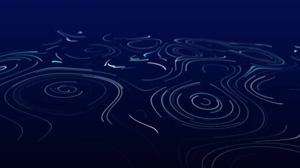 Ein Fluss sanft wirbelnder Wirbel. Glühende Turbulenzen auf blauem Hintergrund. Abstrakte digitale Welle. Big Data klingt nach Visualisierung. 3D-Rendering. — Stockvideo