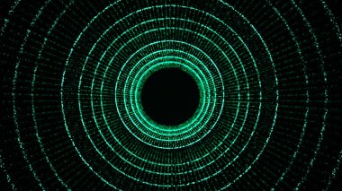 Yeşil arka planda soyut dinamik kablo tüneli. Geleceğin 3 boyutlu portalı. Fütürist parçacık akışı. 3d oluşturma.