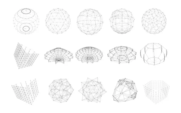 Set Forme Geometriche Wireframe Con Linee Punti Collegati Collezione Oggetti — Vettoriale Stock
