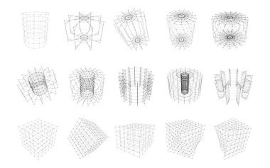Birbirine bağlı çizgiler ve noktalar olan bir dizi geometrik şekil. Beyaz arkaplanda izole edilmiş 3D nesnelerin koleksiyonu. Ağ bağlantısı yapısı. Vektör illüstrasyonu.
