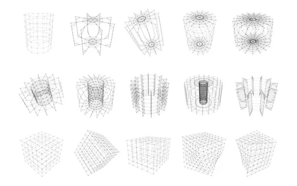Set Forme Geometriche Wireframe Con Linee Punti Collegati Collezione Oggetti — Vettoriale Stock