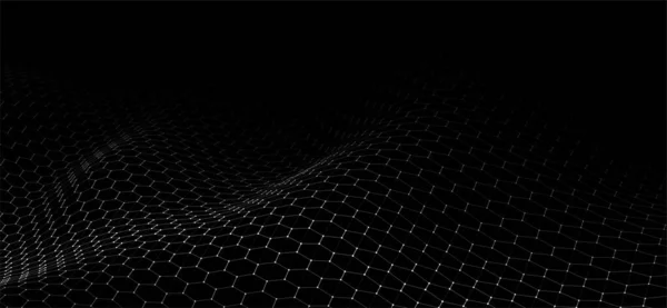 Geleceğin siyah altıgen dinamik dalgası. Gelecekçi bal peteği konsepti. Dijital teknoloji ağı akışı. Büyük veri görselleştirmesi. Vektör İllüstrasyonu.