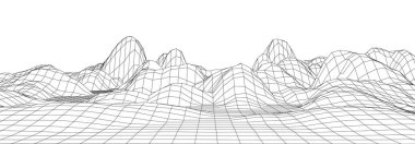 Dijital kablo çerçevesi. Tel çerçeve çokgen arazi tasarımı. Dağlarda vadileri olan dijital siber uzay. Vektör illüstrasyonu.