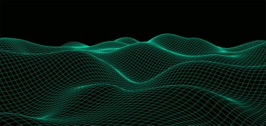 Dijital dalgalı telli manzara. Gelecekçi doğrusal dalgalanan arazi. Dağlarda vadileri olan dijital siber uzay. Vektör illüstrasyonu.