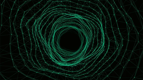 Abstract Dynamic Wireframe Tunnel Green Background Deep Wave Wormhole Futuristic — стоковый вектор