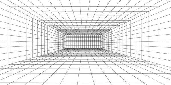 Mavi arka planda üç boyutlu kablo odası beyaz. Soyut perspektif ızgarası. Vektör illüstrasyonu.