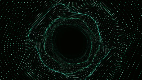 Abstract Dynamic Wireframe Tunnel Green Background Deep Wave Wormhole Futuristic — Vetor de Stock