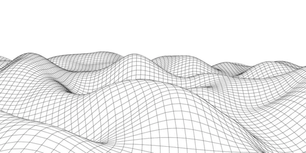 Digital Wavy Wireframe Landscape Futuristic Linear Undulating Terrain Digital Cyberspace — Stockvektor