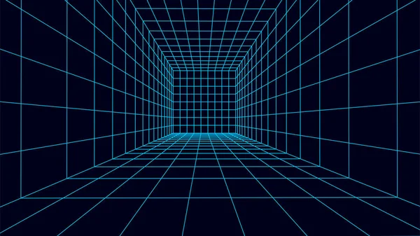 Mavi arka planda üç boyutlu kablo odası beyaz. Soyut perspektif ızgarası. Vektör illüstrasyonu.