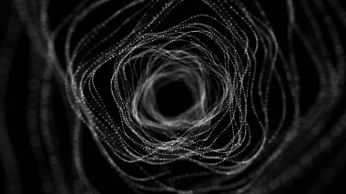 Siyah arka planda soyut dinamik kablo tüneli. Derin dalga solucan deliği. Fütürist parçacık akışı. 3d oluşturma.