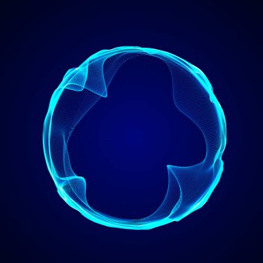 Müzik için küresel dengeleyici. Parçacıkların yuvarlak ses dalgası. Müzikal soyut mavi arka plan. 3B görüntüleme.