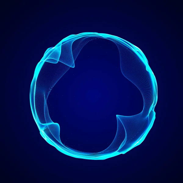 Müzik için küresel dengeleyici. Parçacıkların yuvarlak ses dalgası. Müzikal soyut mavi arka plan. 3B görüntüleme.