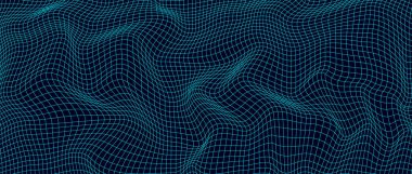 Mavi arka planda soyut dalgalı 3D ağ örgüsü. Geometrik dinamik dalga. Üç boyutlu teknoloji kablo çerçevesi. Vektör illüstrasyonu.