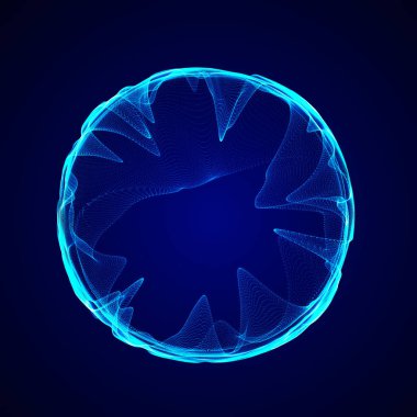 Müzik için küresel dengeleyici. Parçacıkların yuvarlak ses dalgası. Müzikal soyut mavi arka plan. 3B görüntüleme.