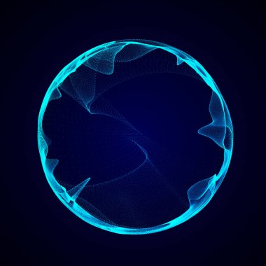 Müzik için küresel dengeleyici. Parçacıkların yuvarlak ses dalgası. Müzikal soyut mavi arka plan. 3B görüntüleme.