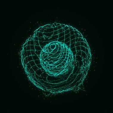 Yeşil zemin üzerinde eğri parçacık çizgileri olan küre. Parlak kıvrımlı çizgiler. Genel ağ bağlantısı. Gelecekçi teknoloji tarzı. 3B görüntüleme.