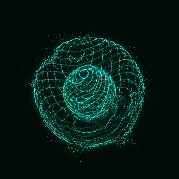 Sphere with curved lines of particles on a green background. Twisting glowing lines. Global network connection. Futuristic technology style. 3D rendering.