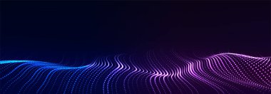 Dinamik iki renk parçacık dalgası. Geleceğin parlayan dalgası. Dijital yapıyı aktar. Veri teknolojisi geçmişi. Vektör illüstrasyonu.