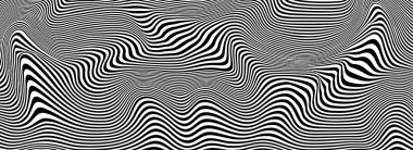 Soyut optik illüzyon dalgası. Dalgalı bir çarpıtma etkisi yaratan siyah ve beyaz çizgilerin akışı. Vektör İllüstrasyonu.