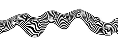 Soyut optik illüzyon dalgası. Dalgalı bir çarpıtma etkisi yaratan siyah ve beyaz çizgilerin akışı. Vektör İllüstrasyonu.