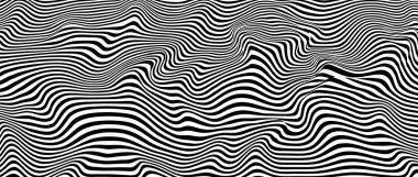 Soyut optik illüzyon dalgası. Dalgalı bir çarpıtma etkisi yaratan siyah ve beyaz çizgilerin akışı. Vektör İllüstrasyonu.