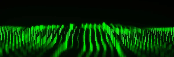 Abstract dynamic wave flow of vertical green glow lines on a dark background. Digital wave background concept. Big data visualization. 3D rendering.