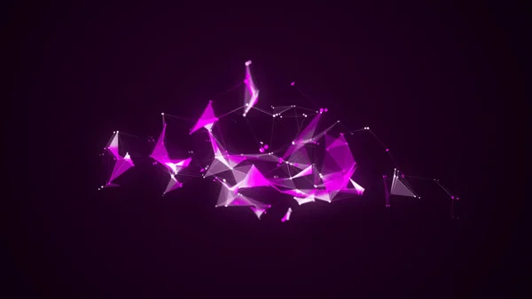 Futuristic geometric chaotic shape with connecting dots and lines. Abstract purple digital background. Network concept. Big data complex with compounds. 3D rendering.