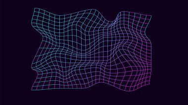 Futuristic wavy grid in the style of retrofuturism. Geometric dynamic wave. 3D technology wireframe. Vector illustration.