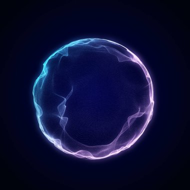 Müzik için küresel dengeleyici. Parçacıkların yuvarlak ses dalgası. Müzikal soyut mavi arka plan. 3B görüntüleme.