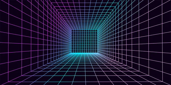3D wireframe room colorful on dark background. Abstract perspective grid. Vector illustration.