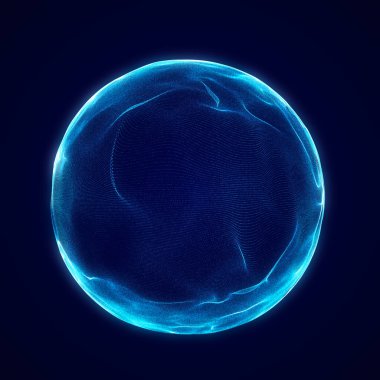 Müzik için küresel dengeleyici. Parçacıkların yuvarlak ses dalgası. Müzikal soyut mavi arka plan. 3B görüntüleme.