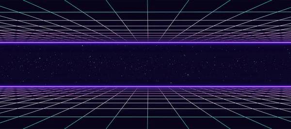 Digital vector space retro landscape in 1980s style. Futuristic double perspective grid. 80s Retro Sci-Fi background. Album cover or banner in the style of the 80-90s.
