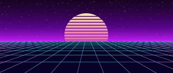 1980 'lerin dijital retro manzarası. Gelecekçi siber yüzey. 80 'lerin Retro-Fi geçmişi. 80-90 'ların Vektör illüstrasyonunda albüm kapağı veya afişi.