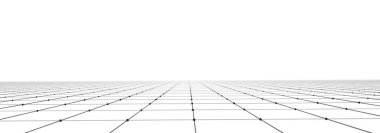 Beyaz arkaplanda vektör perspektif ızgarası. Noktalar çizgilerle birleşti. Dijital siber uzay. Ağ bağlantısı yapısı. Web sitesi için vektör illüstrasyonu.