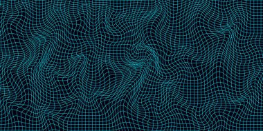 Futuristic wavy grid in the style of retrofuturism. Geometric dynamic wave. 3D technology wireframe. Vector illustration.