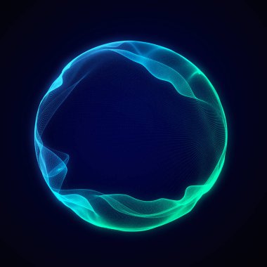 Müzik için küresel dengeleyici. Parçacıkların yuvarlak ses dalgası. Müzikal soyut yaratıcı unsur. 3B görüntüleme.