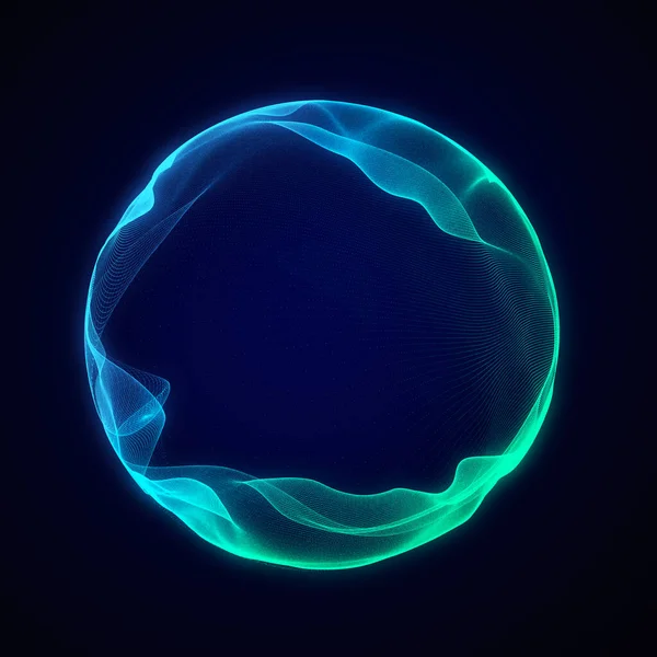 Müzik için küresel dengeleyici. Parçacıkların yuvarlak ses dalgası. Müzikal soyut yaratıcı unsur. 3B görüntüleme.