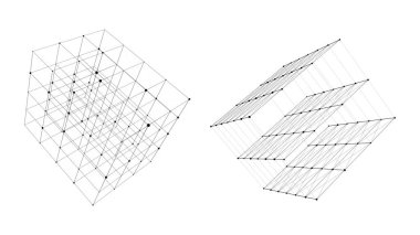 Bir dizi fütüristik kablo küpleri. Teknoloji engelleme zinciri kavramı. Dijital geometrik şekillerin toplanması. Vektör İllüstrasyonu.