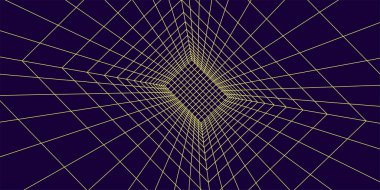 Mor arka planda 3 boyutlu sarı fütüristik kablo odası. Soyut perspektif ızgarası. Vektör illüstrasyonu.