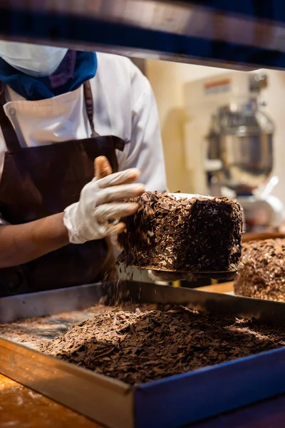 Hands Confectioner Chocolatier Work Making Cake Merveilleux Marvelous Consists Sandwich — Stock Photo, Image