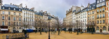 Paris 'te Seine seti. Cite Adası manzarası ve Neuf Köprüsü. Muhteşem antik Fransız şehrinin nefes kesici panoramik manzarası..