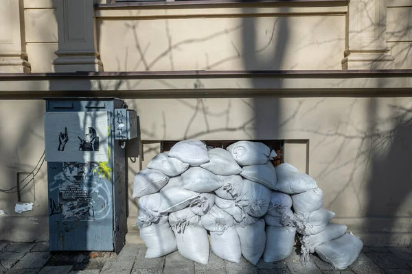 Lviv Ukraine Maart 2022 Gevels Beschermen Tegen Schade Bij Bombardementen — Stockfoto