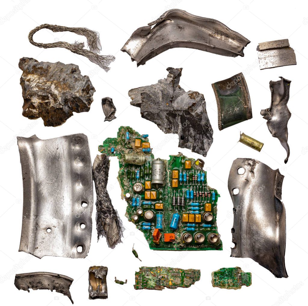 Fragments of the Russian-made Kh-22 anti-ship cruise missile. Debris of a high-explosive cumulative warhead, a jet engine and electronic boards with electronic components from the Cold War era.