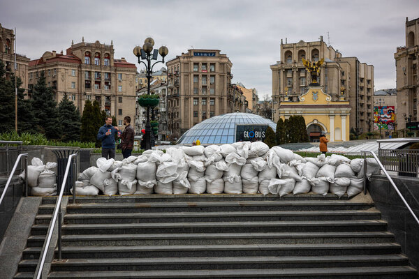 KYIV, UKRAINE - APR 20, 2022: Barricades of sandbags block the underpasses Independence Square in the event of an attack by enemy Russian troops.