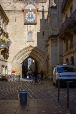 BORDEAUX, FRANCE - NOV 23, 2021: La Grosse Cloche(The Big Bell of Bordeaux) belfry with 7.75 ton bell 18th century of the town hall built in the 15th century, ring on special occasions.