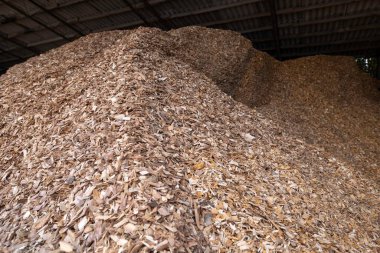 piles of hardwood wood chips are stored under the canopy as solid fuel