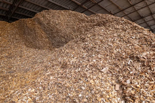 Piles Hardwood Wood Chips Stored Canopy Solid Fuel — Stockfoto